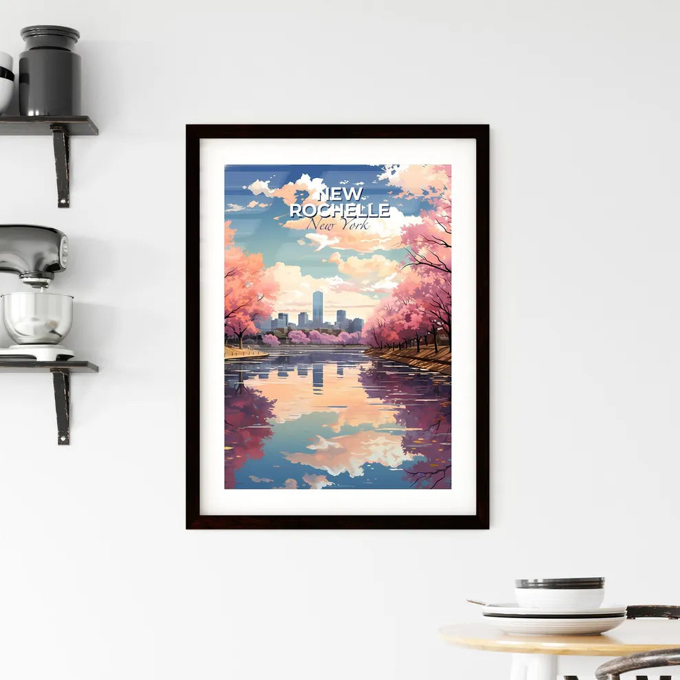 New Rochelle, New York, A Poster of a water body with pink trees and a city in the background Default Title