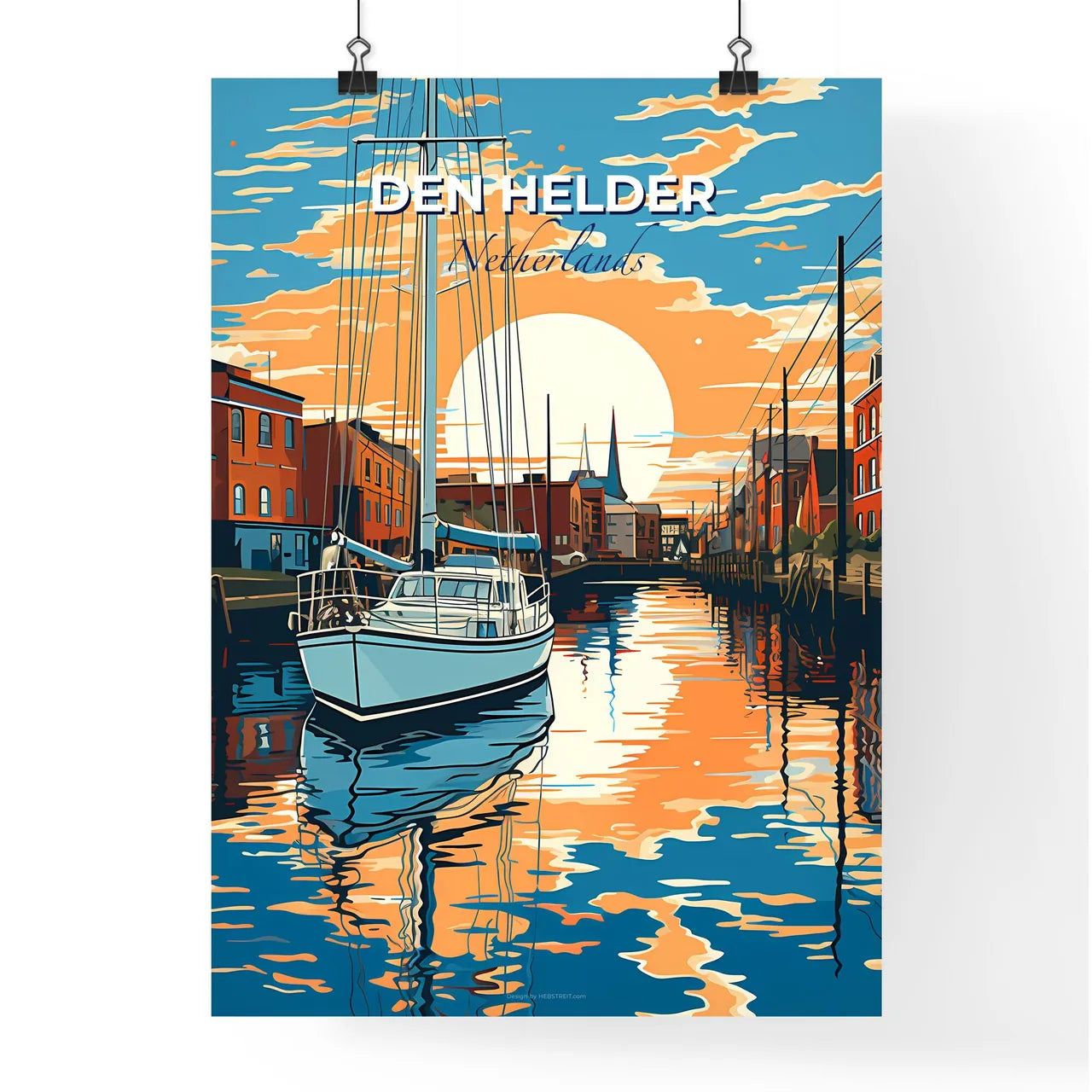 Den Helder, Netherlands, A Poster of a boat on a canal with buildings in the background Default Title