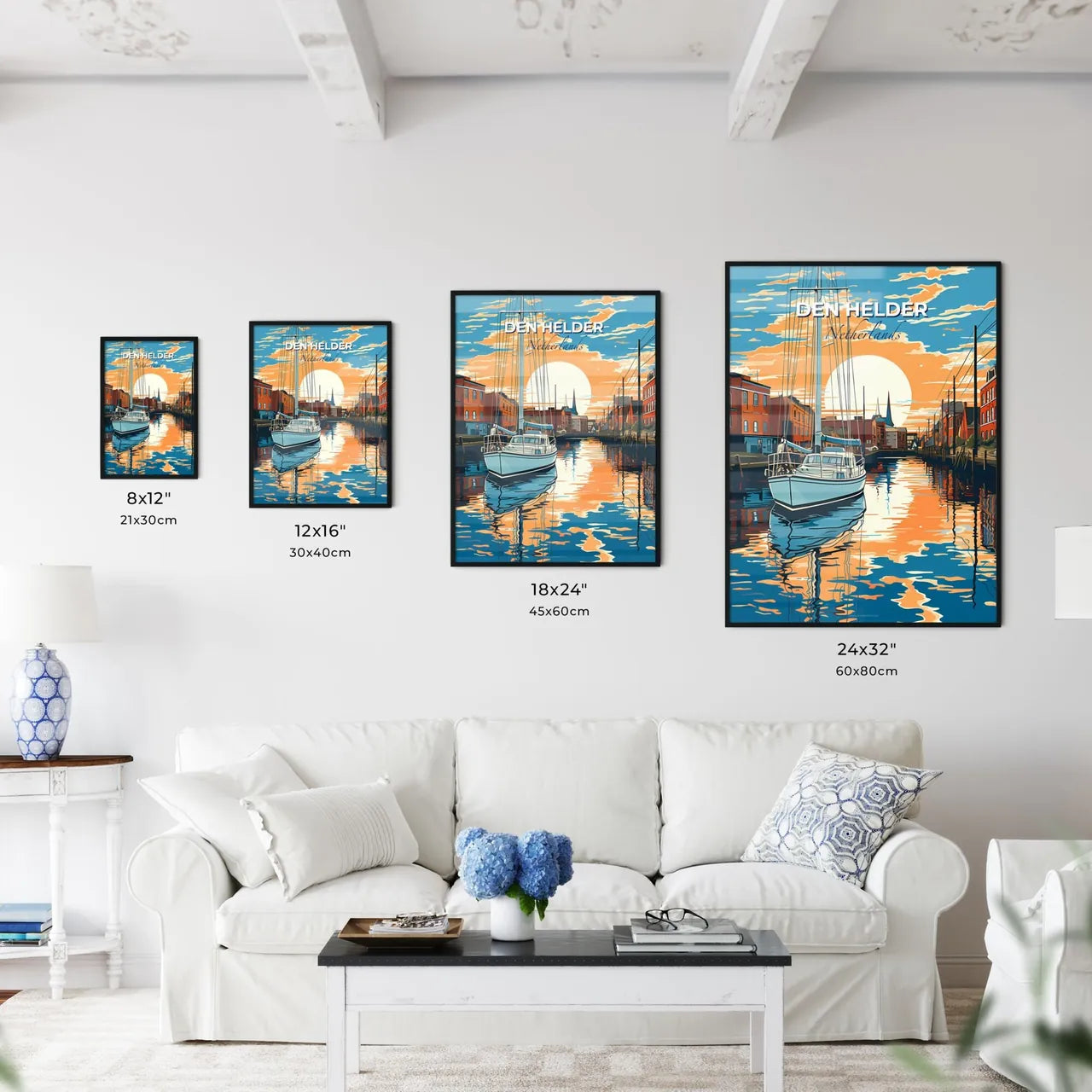 Den Helder, Netherlands, A Poster of a boat on a canal with buildings in the background Default Title