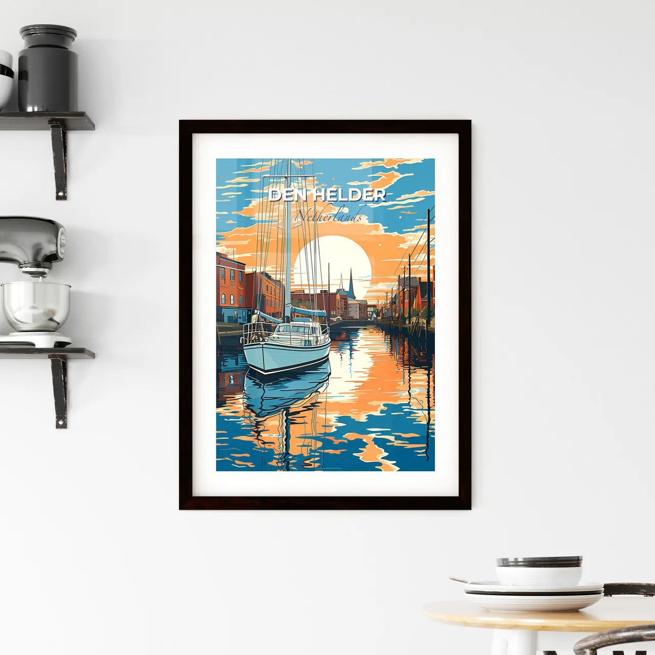 Den Helder, Netherlands, A Poster of a boat on a canal with buildings in the background Default Title