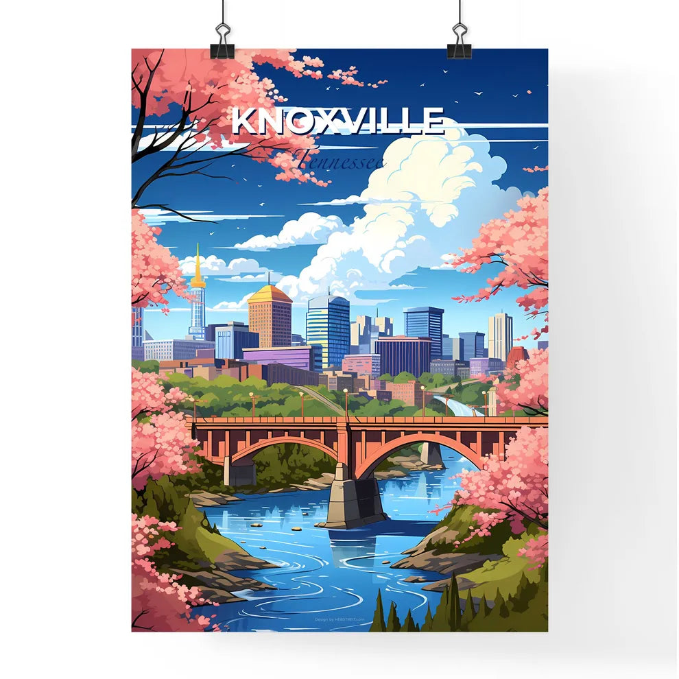 Knoxville, Tennessee, A Poster of a bridge over a river with pink flowers Default Title