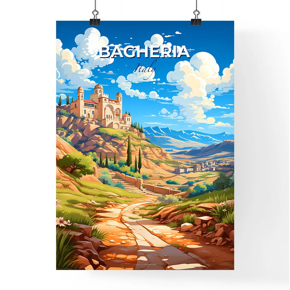 Bagheria, Italy, A Poster of a landscape with a castle on top of a hill Default Title