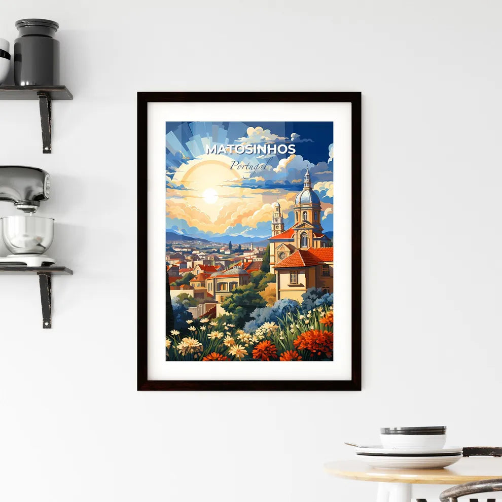 Matosinhos, Portugal, A Poster of a colorful landscape with a church and flowers Default Title