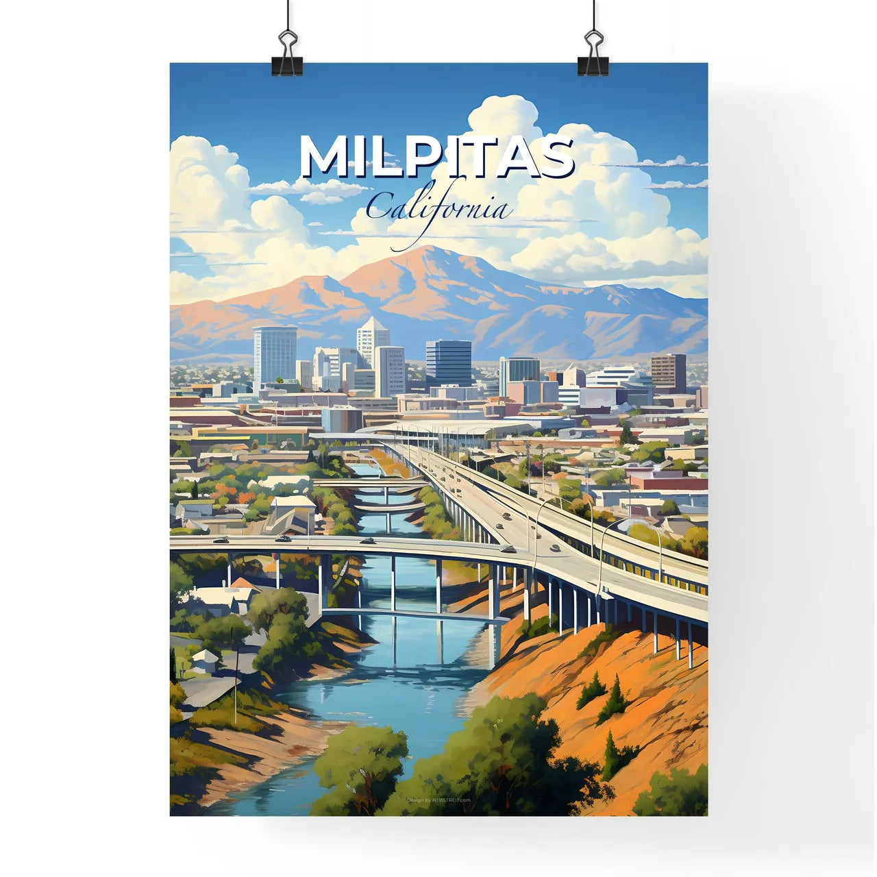 Milpitas, California, A Poster of a bridge over a river with buildings and mountains in the background Default Title