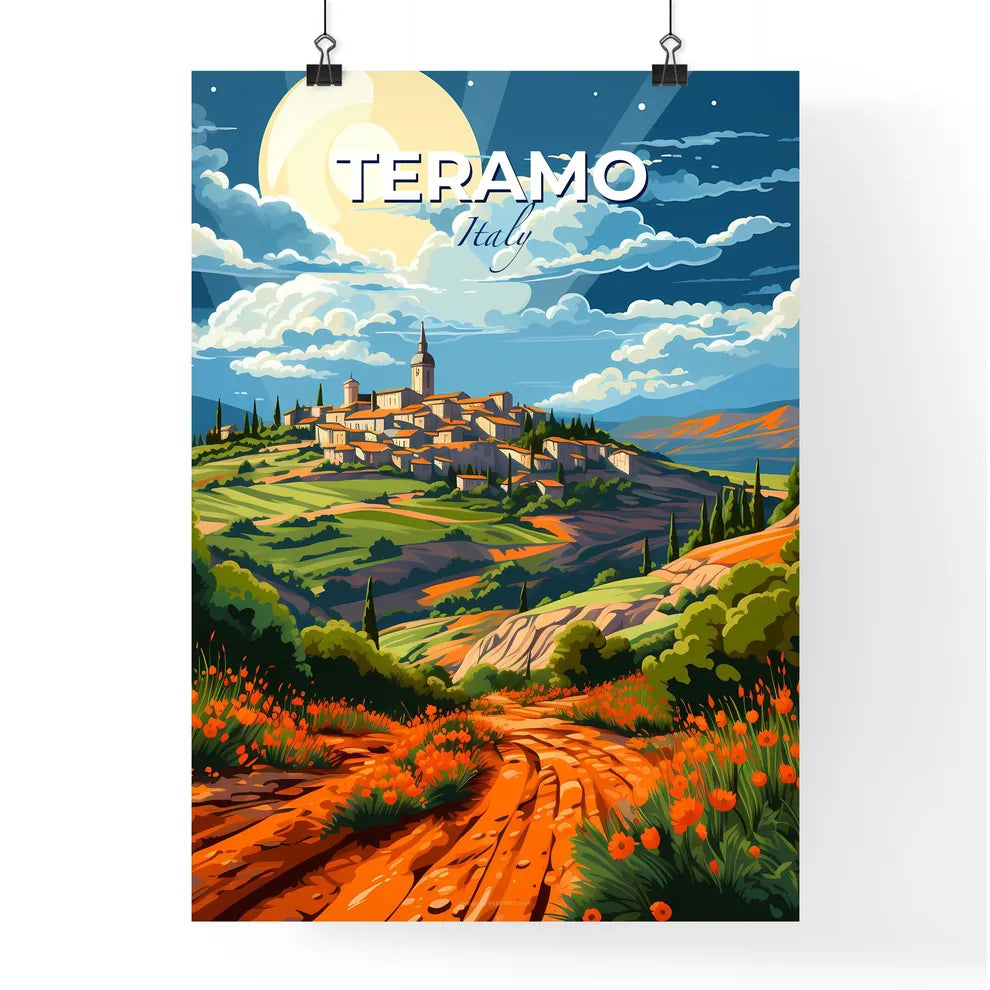 Teramo, Italy, A Poster of a painting of a village on a hill Default Title