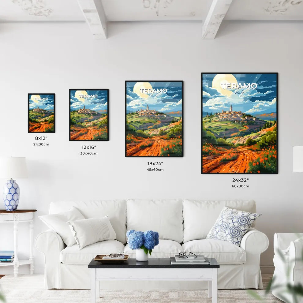 Teramo, Italy, A Poster of a painting of a village on a hill Default Title