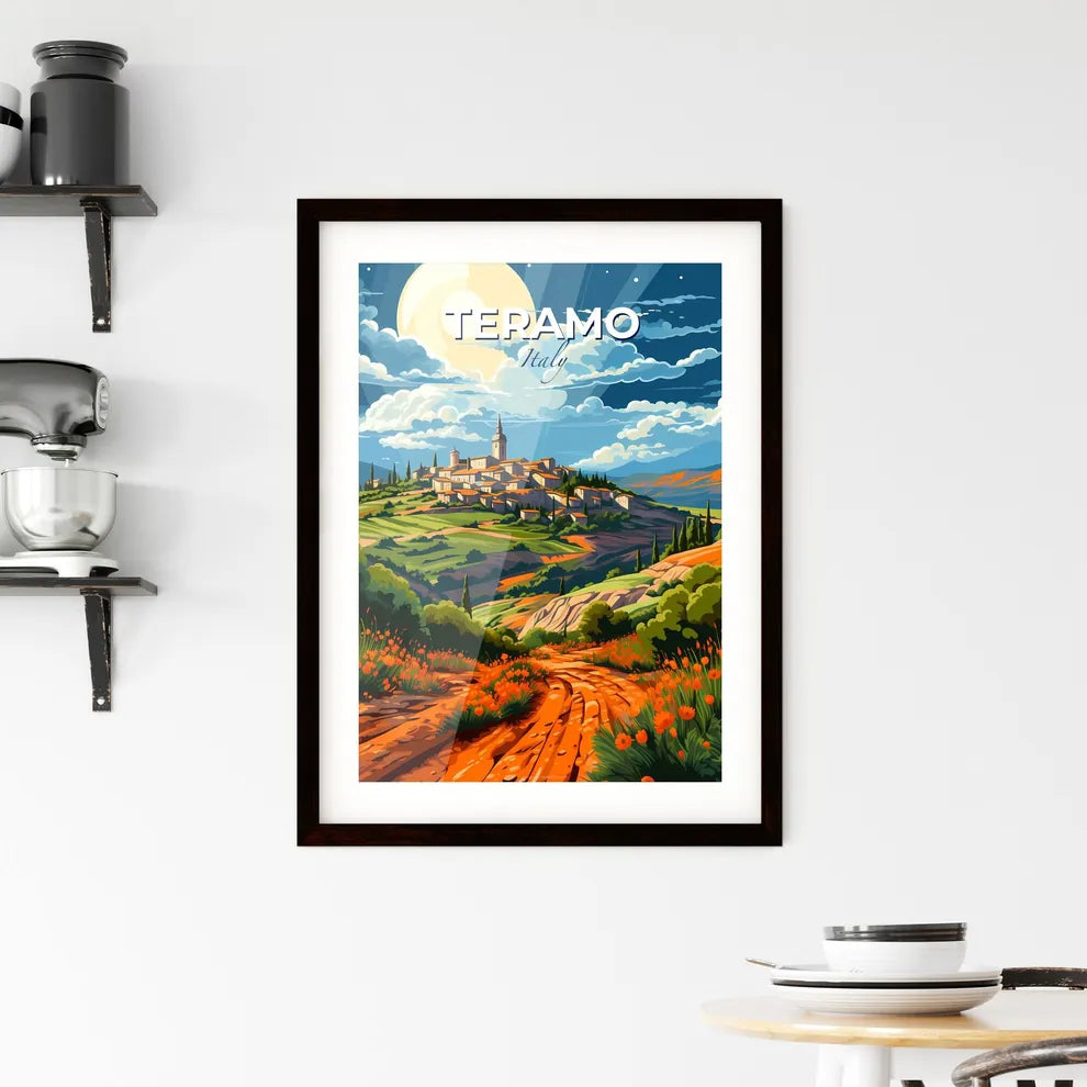 Teramo, Italy, A Poster of a painting of a village on a hill Default Title