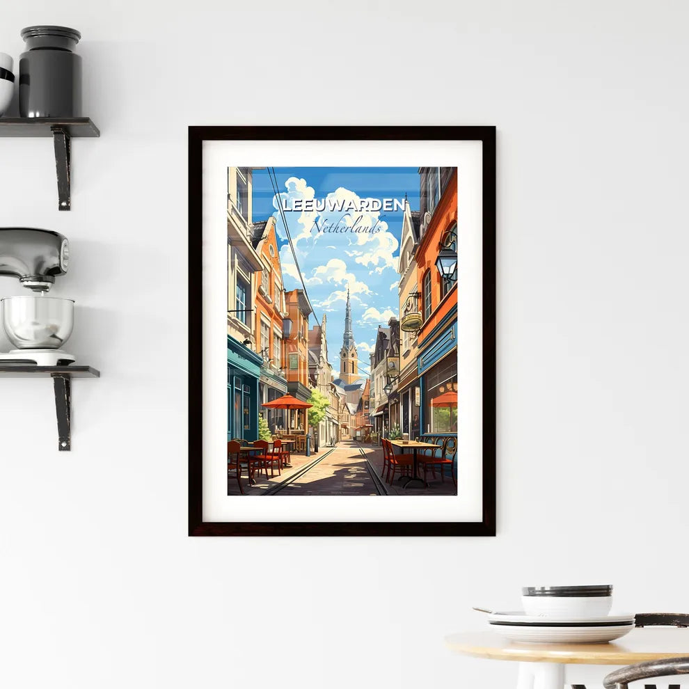 Leeuwarden, Netherlands, A Poster of a street with tables and chairs in front of a tower Default Title