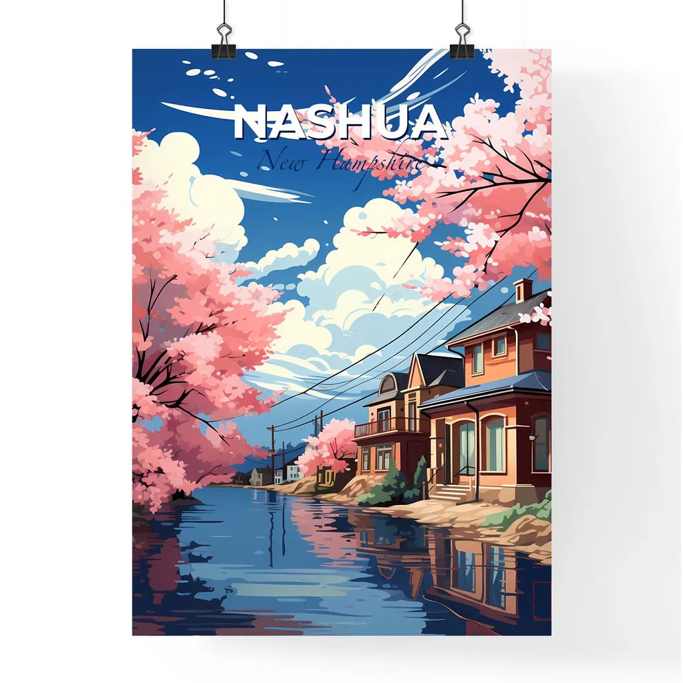Nashua, New Hampshire, A Poster of a water body with pink trees and houses Default Title