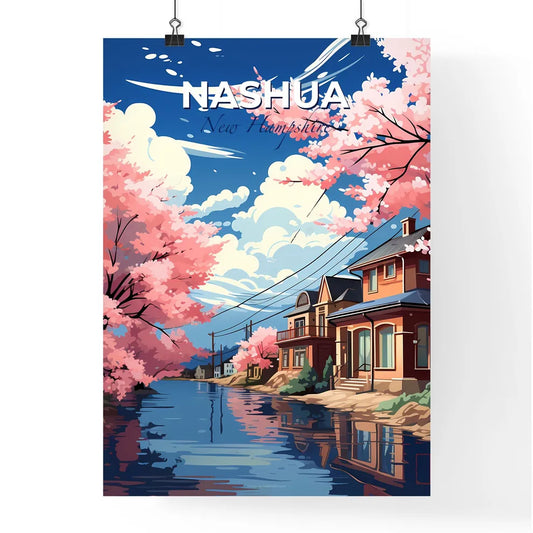 Nashua, New Hampshire, A Poster of a water body with pink trees and houses Default Title