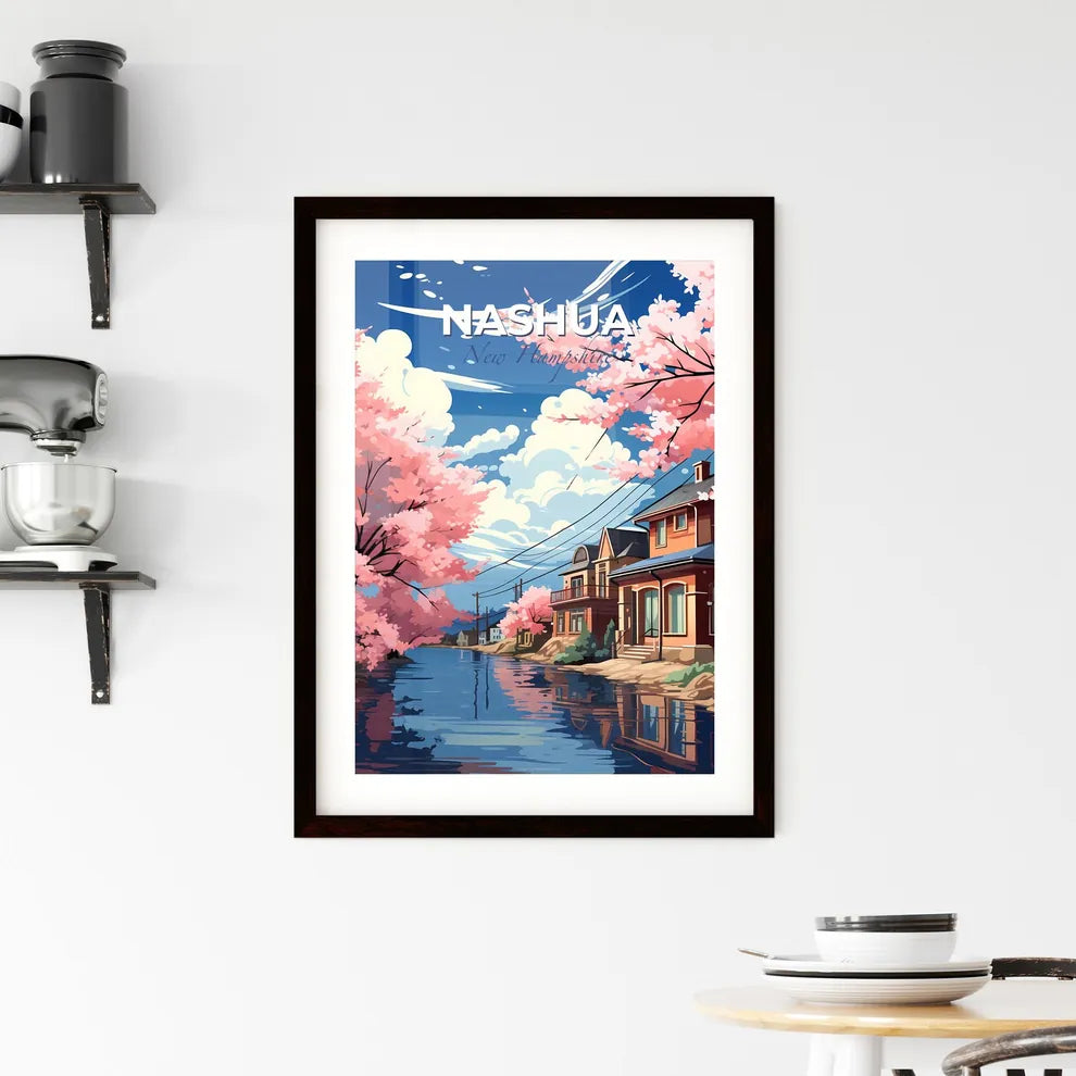Nashua, New Hampshire, A Poster of a water body with pink trees and houses Default Title