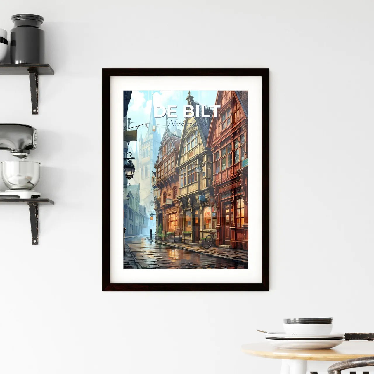 De Bilt, Netherlands, A Poster of a street with buildings and a bicycle Default Title