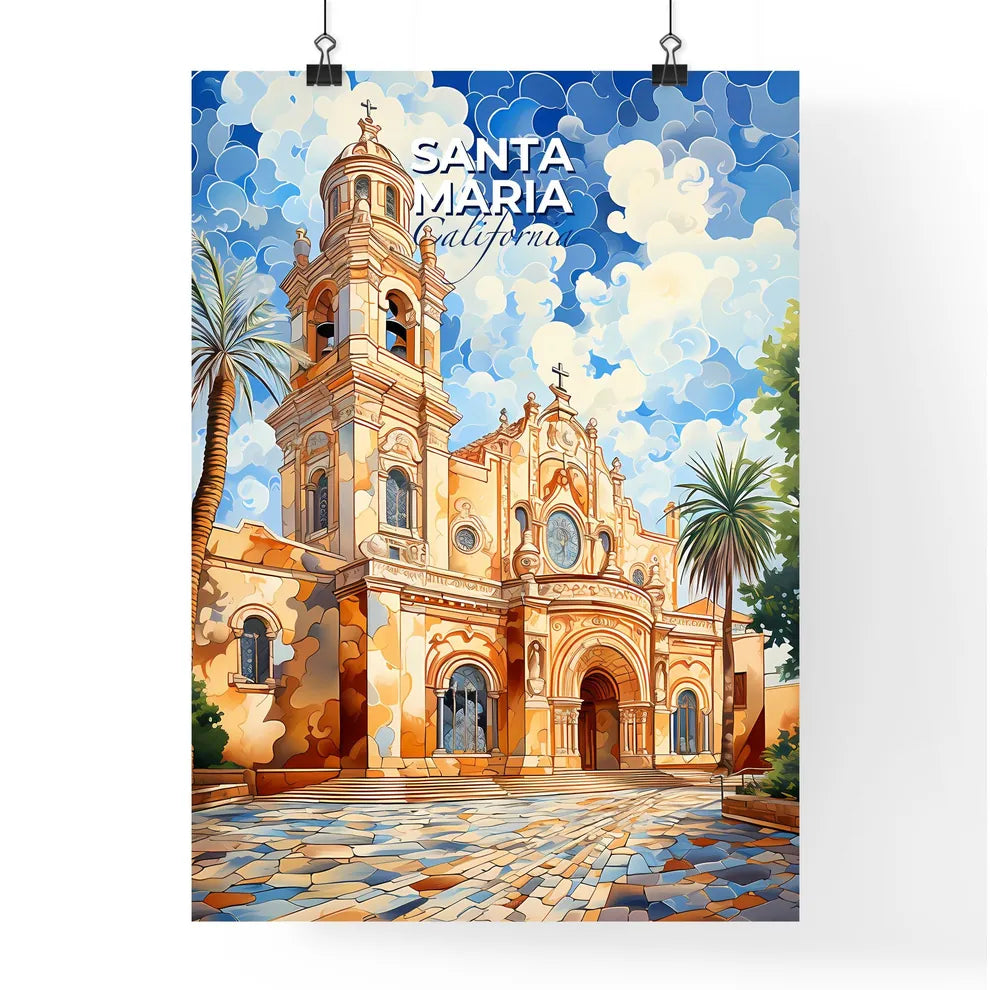 Santa Maria, California, A Poster of a painting of a church with palm trees and a blue sky Default Title