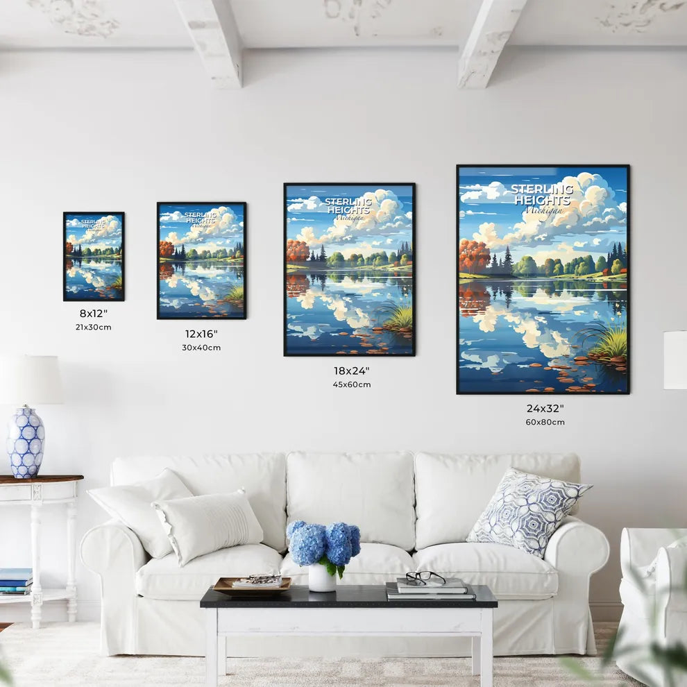 Sterling Heights, Michigan, A Poster of a landscape of a lake with trees and clouds Default Title