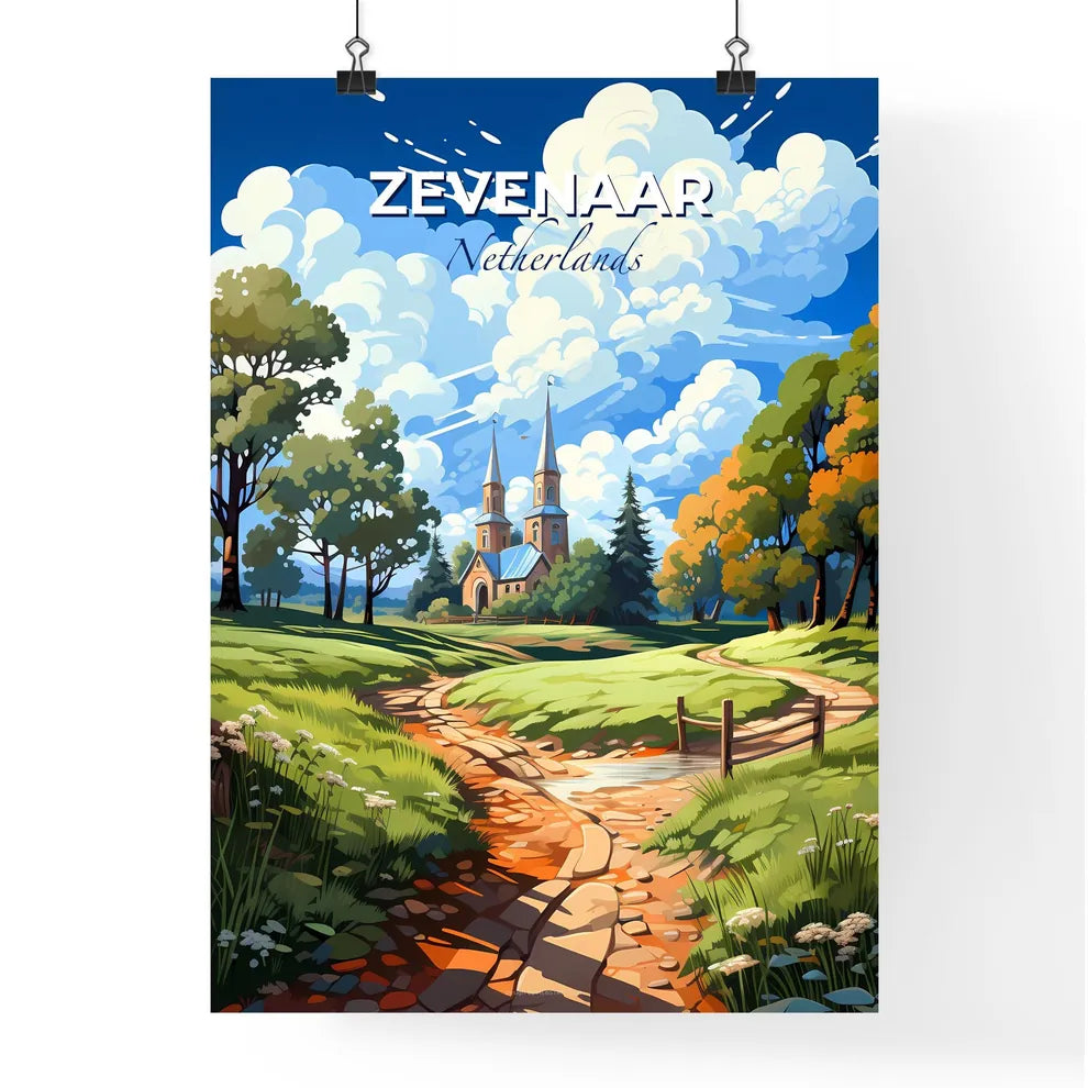 Zevenaar, Netherlands, A Poster of a stream running through a grassy field with trees and a church Default Title