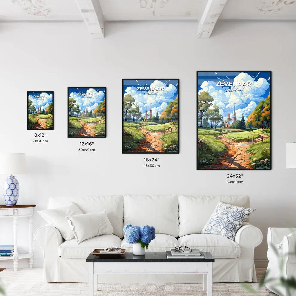 Zevenaar, Netherlands, A Poster of a stream running through a grassy field with trees and a church Default Title