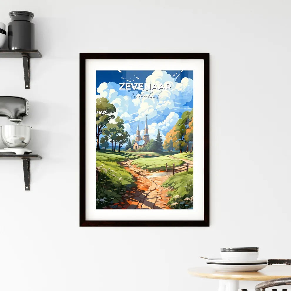 Zevenaar, Netherlands, A Poster of a stream running through a grassy field with trees and a church Default Title