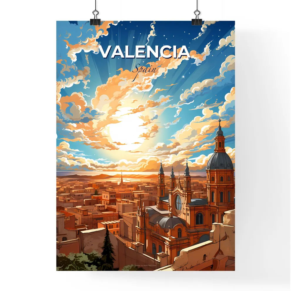 Valencia, Spain, A Poster of a large city with a large building and a large sky with clouds Default Title