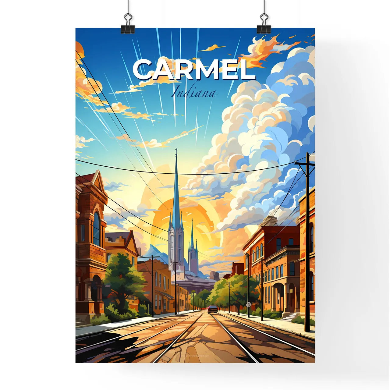 Carmel, Indiana, A Poster of a street with buildings and a tall tower Default Title