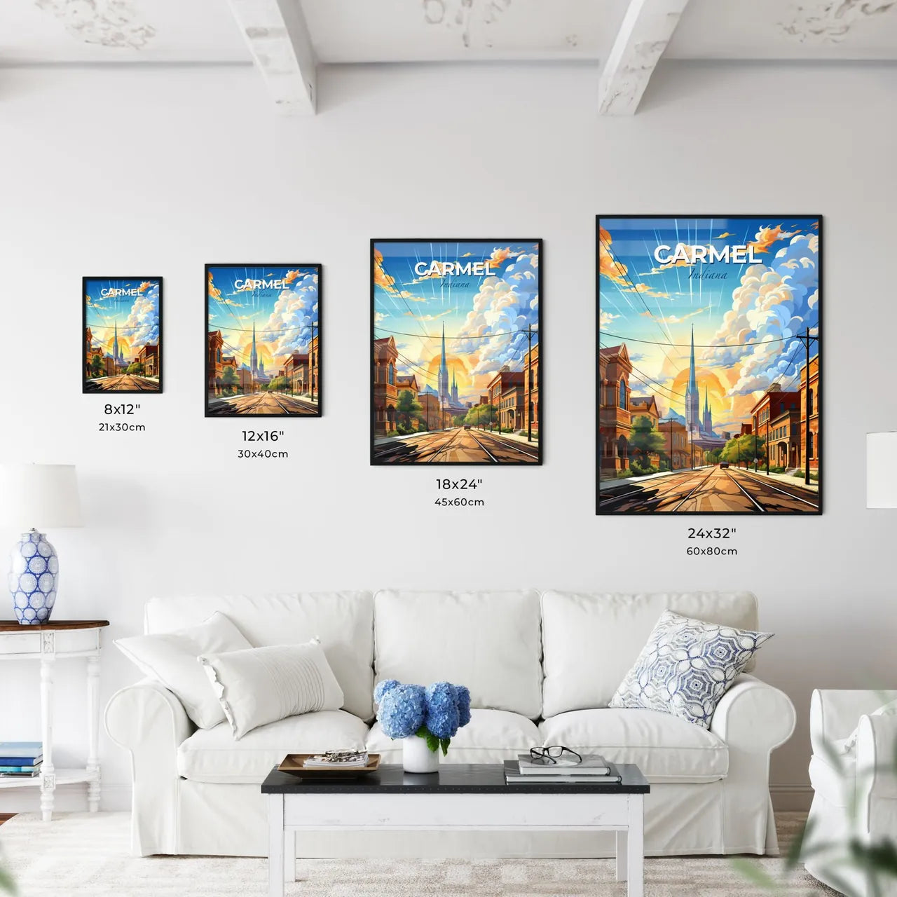 Carmel, Indiana, A Poster of a street with buildings and a tall tower Default Title