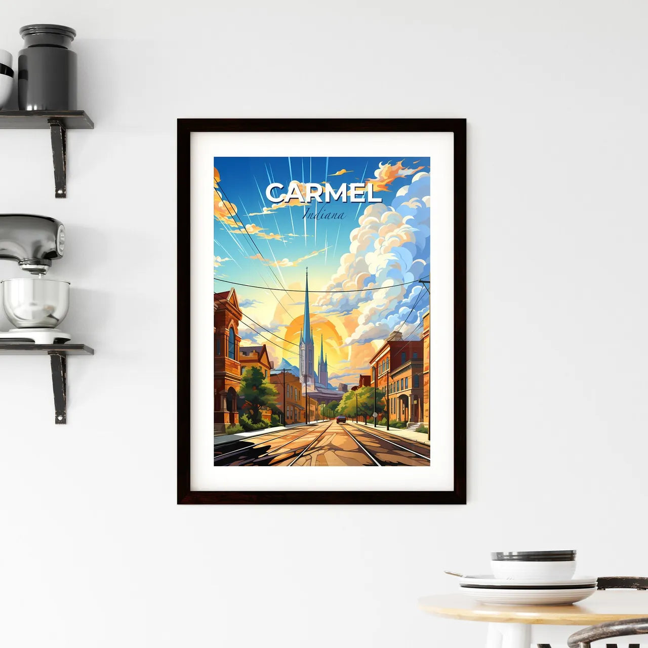 Carmel, Indiana, A Poster of a street with buildings and a tall tower Default Title
