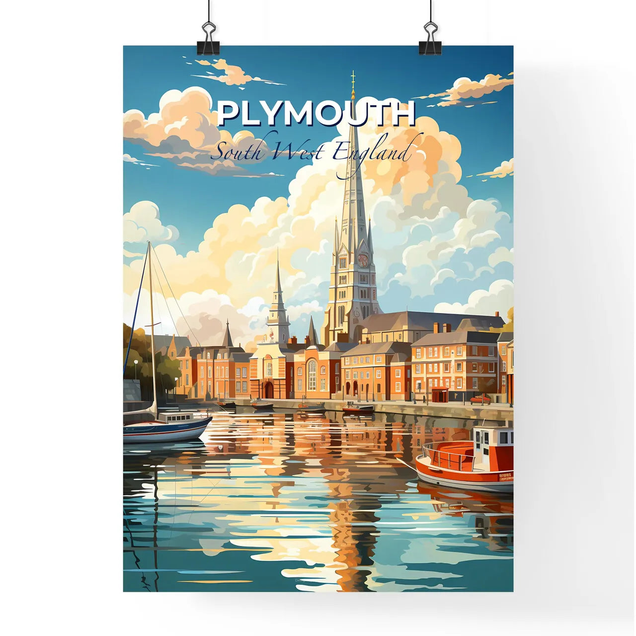 Plymouth, South West England, A Poster of a water body with boats and a church in the background Default Title