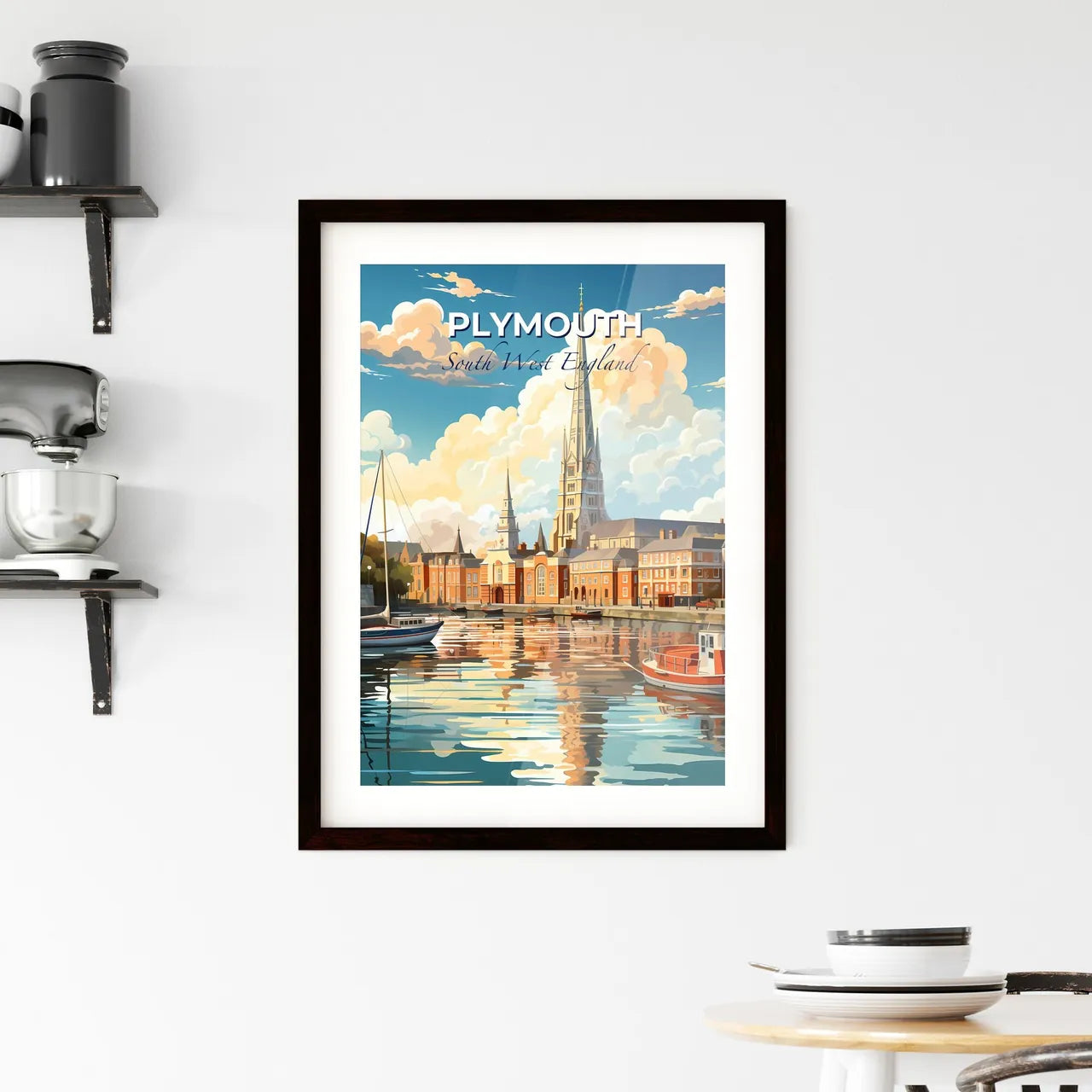 Plymouth, South West England, A Poster of a water body with boats and a church in the background Default Title