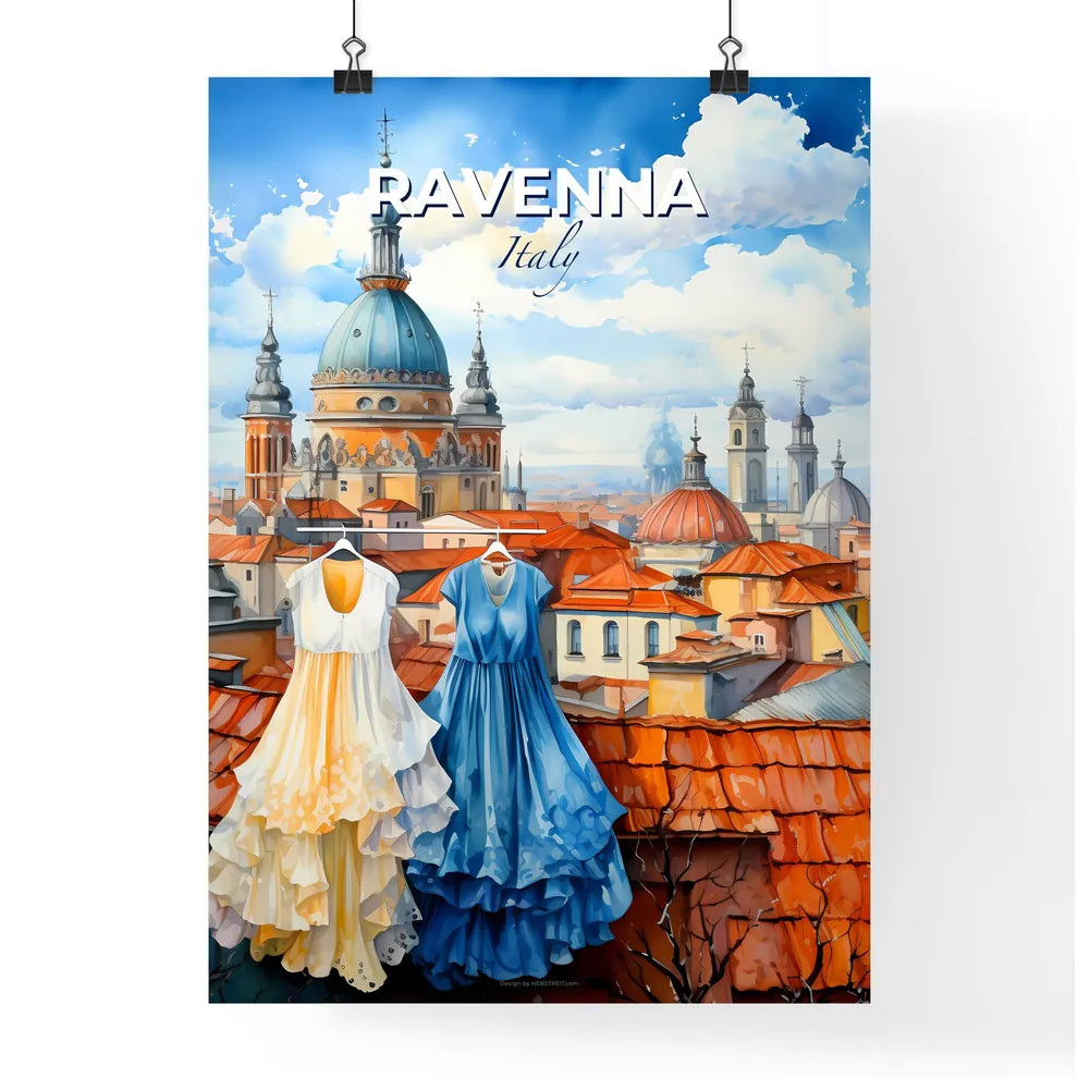 Ravenna, Italy, A Poster of a couple dresses on swingers in front of a rooftop of a city Default Title