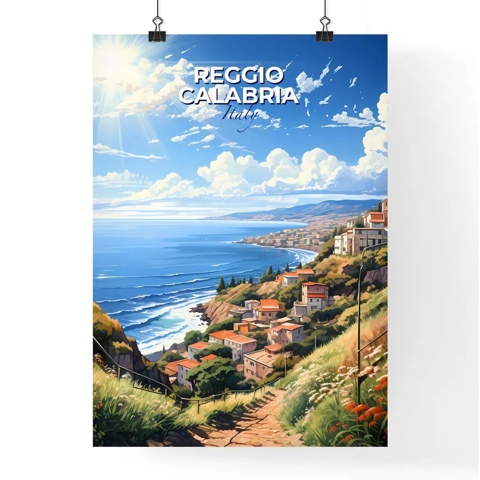 Reggio Calabria, Italy, A Poster of a landscape of a town on a hill with a body of water and a sunny day Default Title