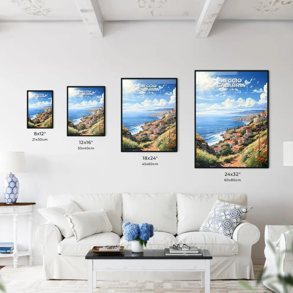 Reggio Calabria, Italy, A Poster of a landscape of a town on a hill with a body of water and a sunny day Default Title