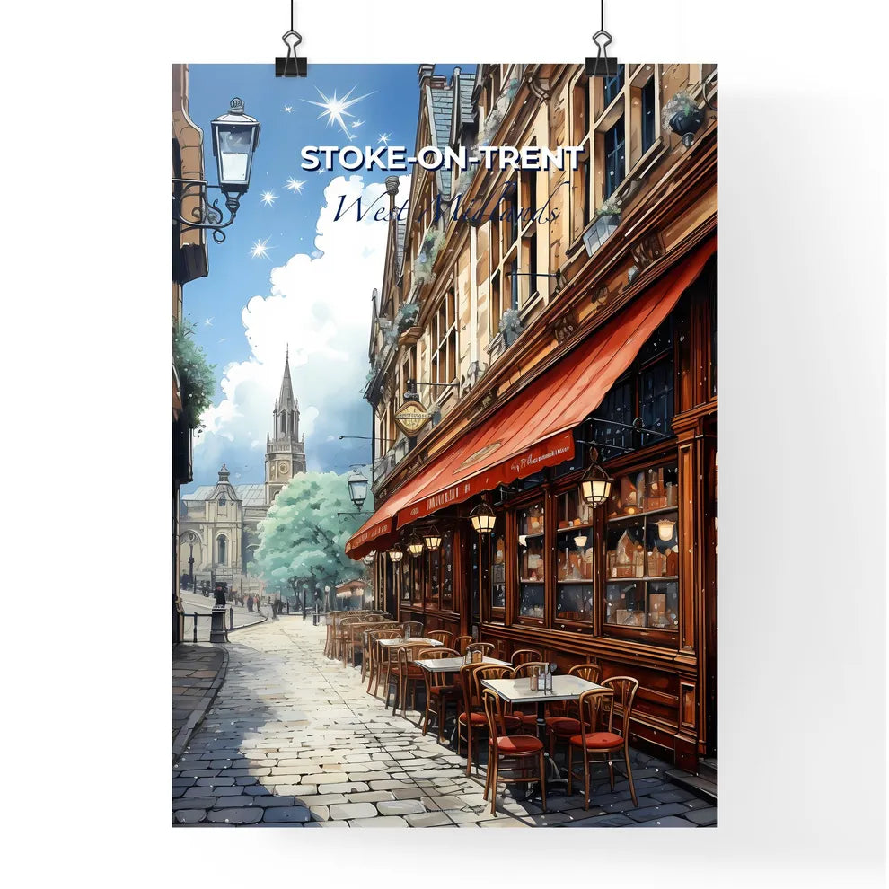 Stoke-On-Trent, West Midlands, A Poster of a street with tables and chairs on it Default Title