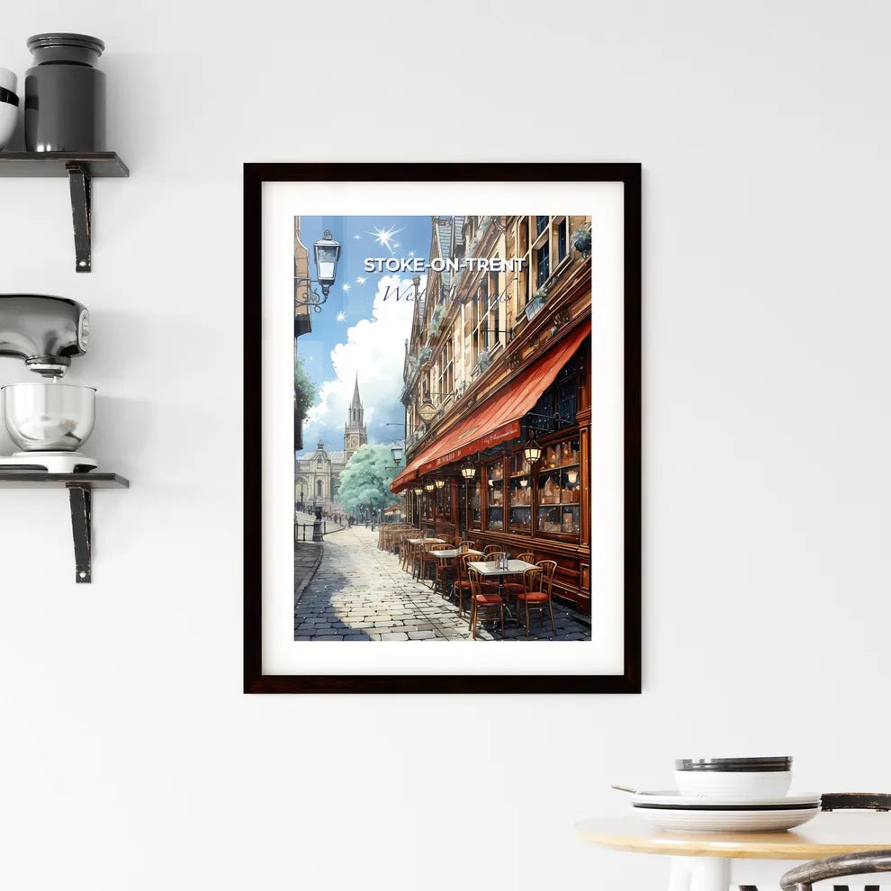 Stoke-On-Trent, West Midlands, A Poster of a street with tables and chairs on it Default Title