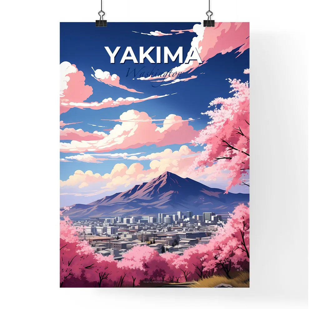 Yakima, Washington, A Poster of a mountain with pink flowers and a city in the distance Default Title