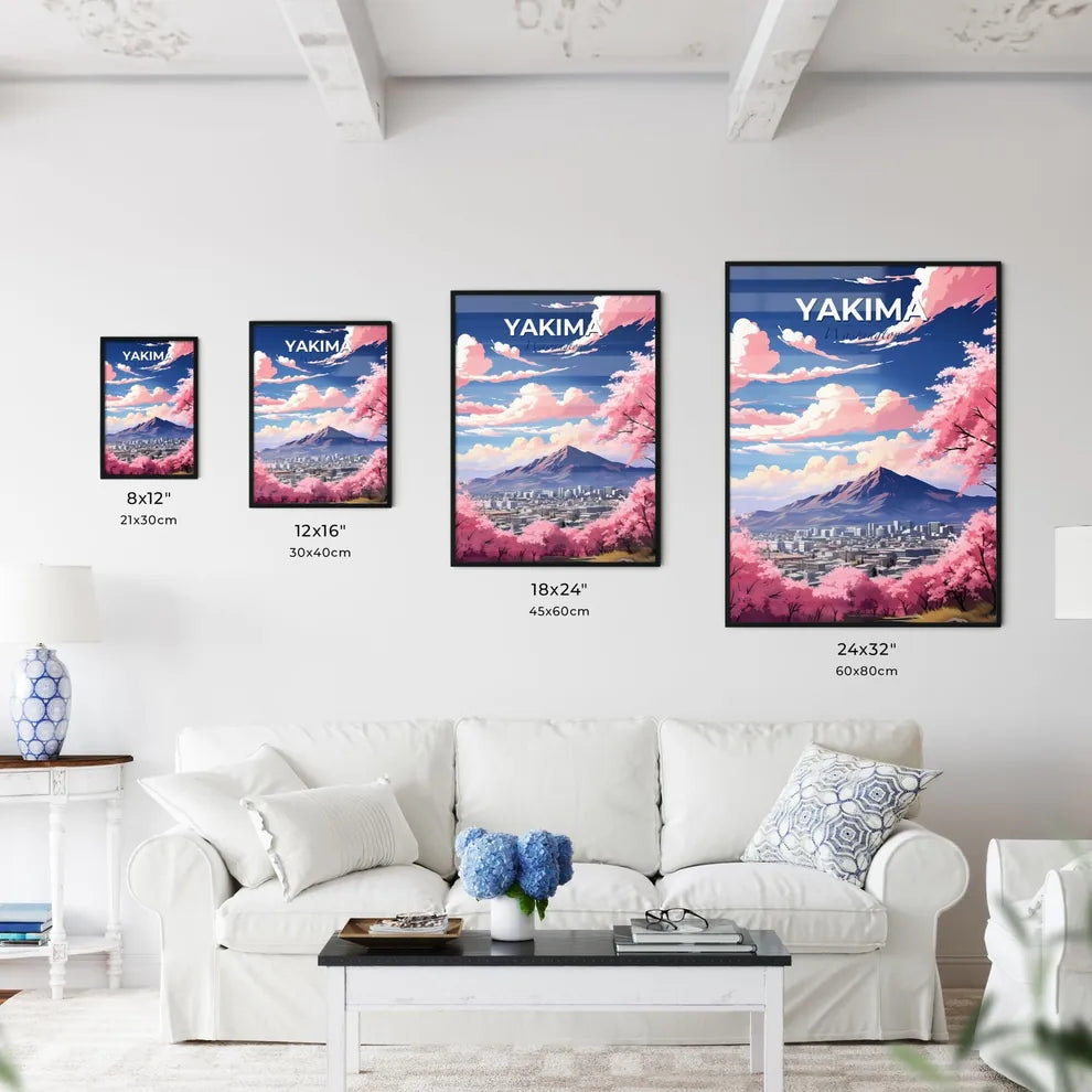 Yakima, Washington, A Poster of a mountain with pink flowers and a city in the distance Default Title