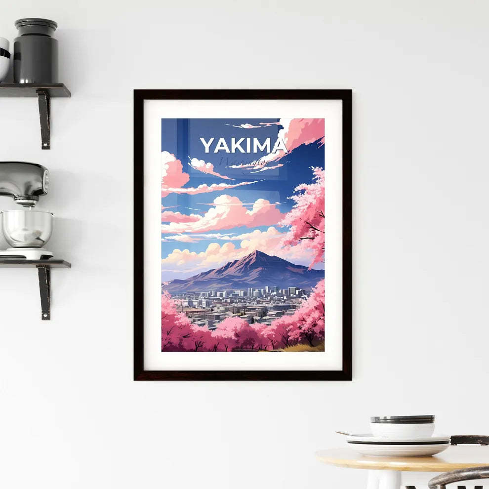 Yakima, Washington, A Poster of a mountain with pink flowers and a city in the distance Default Title