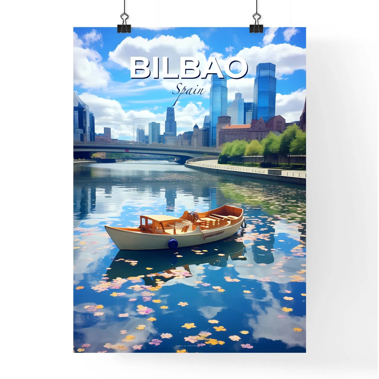 Bilbao, Spain, A Poster of a boat on a river with a city in the background Default Title
