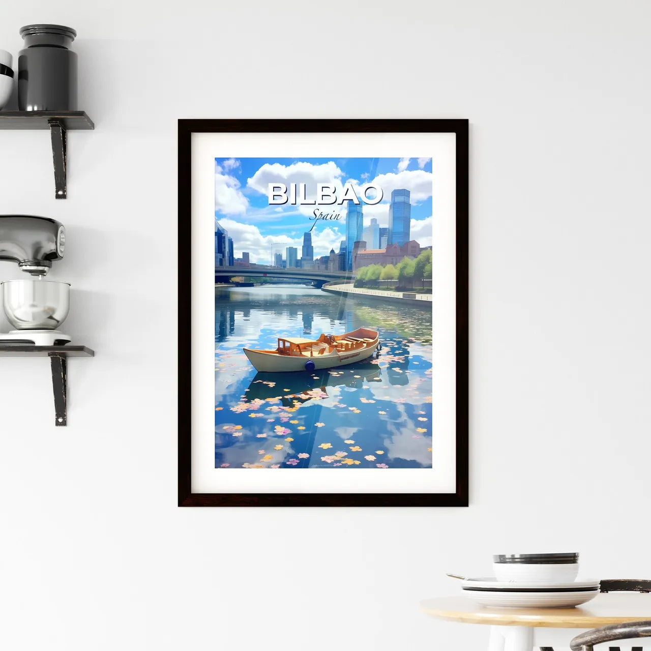 Bilbao, Spain, A Poster of a boat on a river with a city in the background Default Title