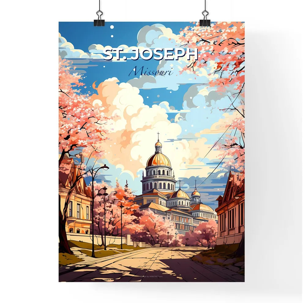 St. Joseph, Missouri, A Poster of a building with a dome and a dome on top with pink trees Default Title