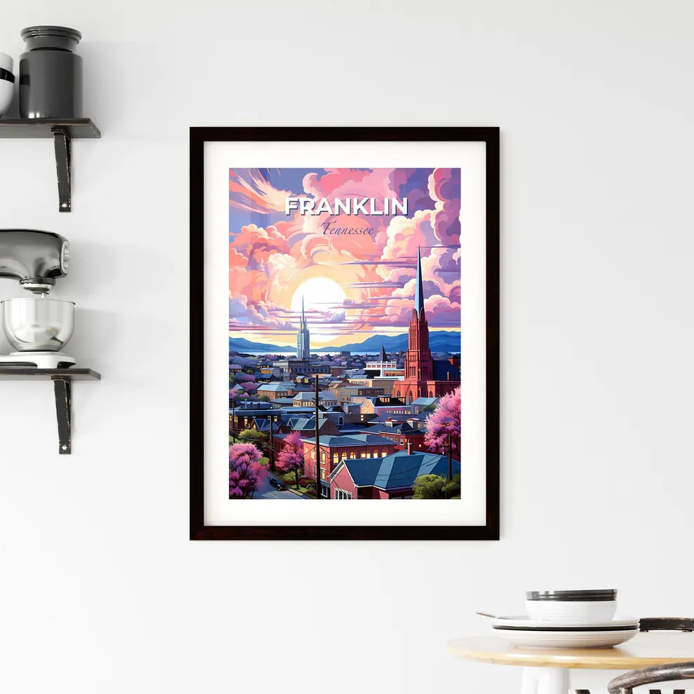 Franklin, Tennessee, A Poster of a city with a tall spire and trees in front of the sun Default Title