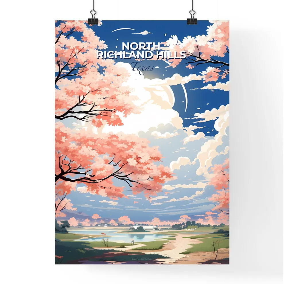 North Richland Hills, Texas, A Poster of a landscape with pink trees and a lake Default Title