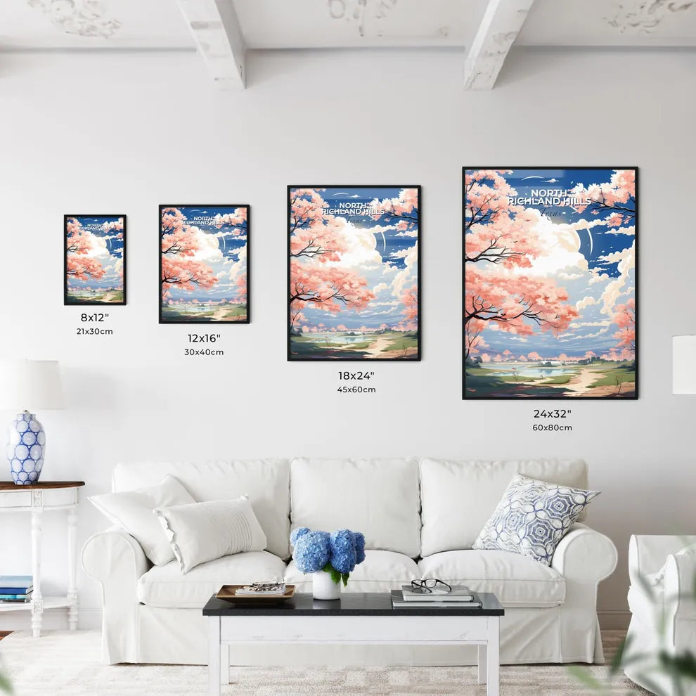 North Richland Hills, Texas, A Poster of a landscape with pink trees and a lake Default Title