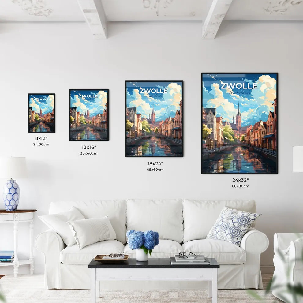 Zwolle, Netherlands, A Poster of a water canal with buildings and a church in the background Default Title