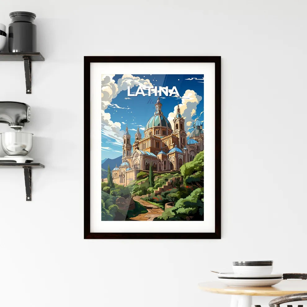 Latina, Italy, A Poster of a building with blue domes and a path on a hill Default Title