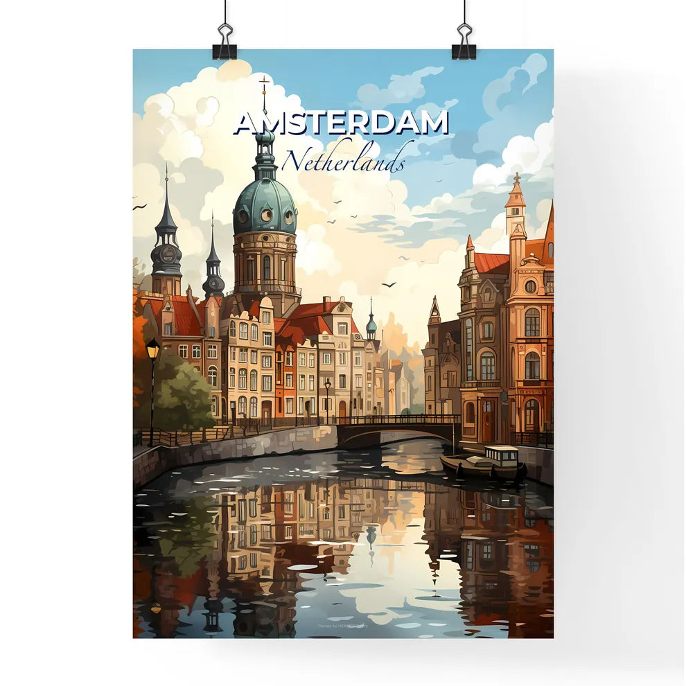 Amsterdam, Netherlands, A Poster of a river with a bridge and buildings Default Title