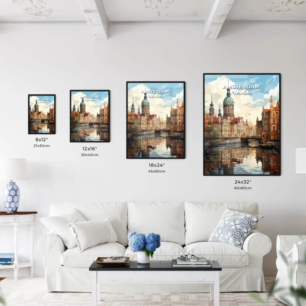 Amsterdam, Netherlands, A Poster of a river with a bridge and buildings Default Title