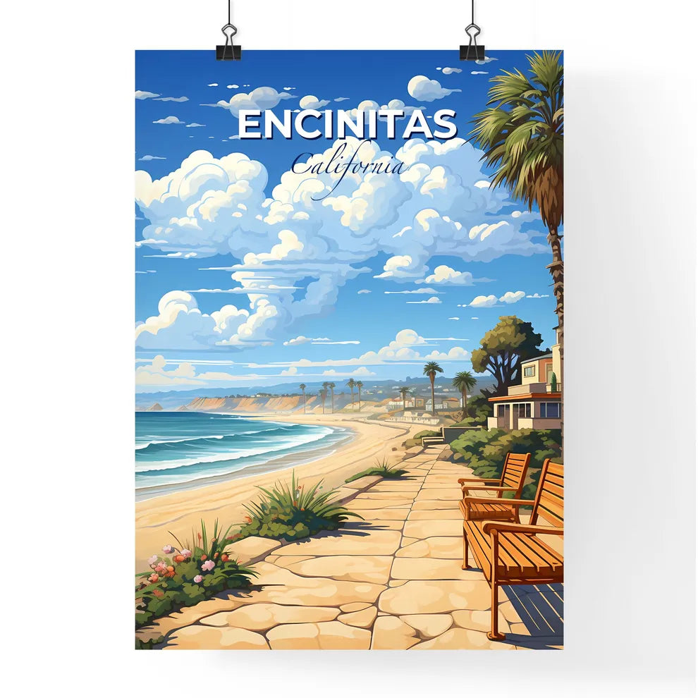 Encinitas, California, A Poster of a beach with benches and palm trees Default Title