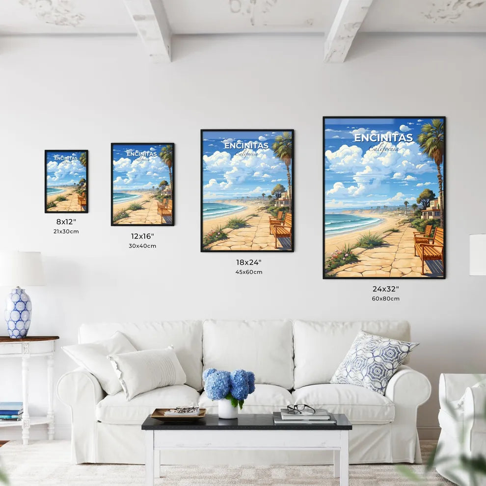 Encinitas, California, A Poster of a beach with benches and palm trees Default Title