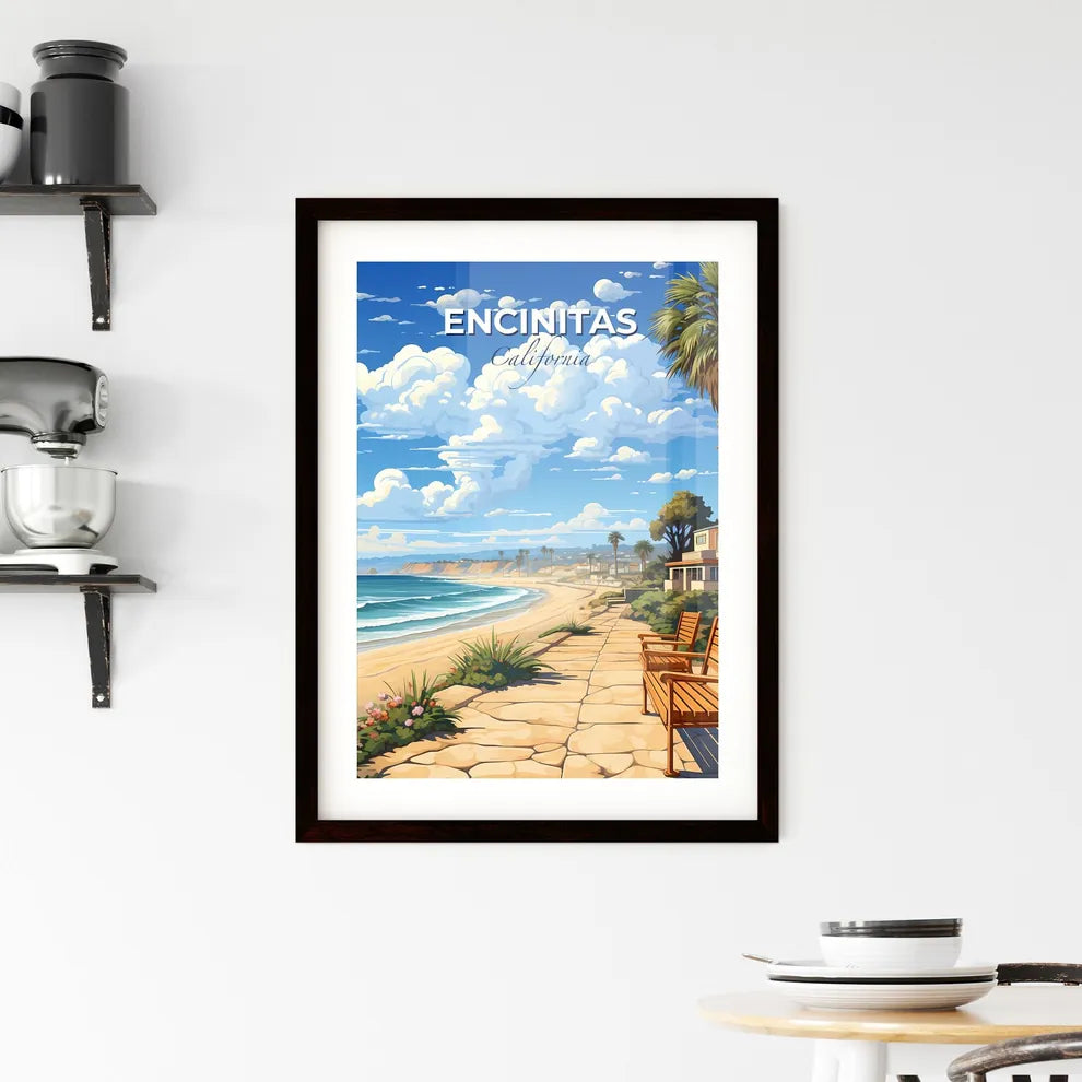 Encinitas, California, A Poster of a beach with benches and palm trees Default Title