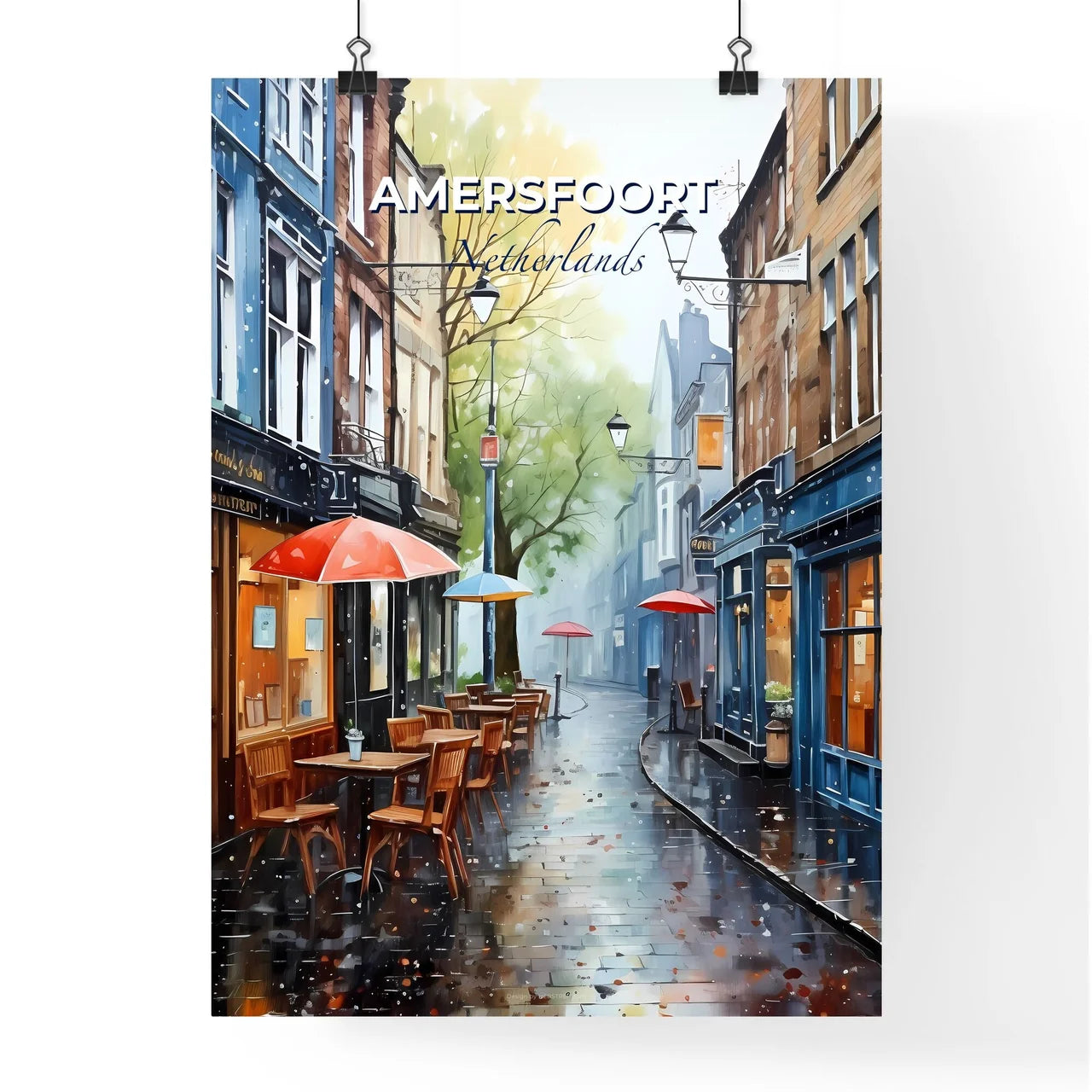 Amersfoort, Netherlands, A Poster of a street with tables and umbrellas Default Title