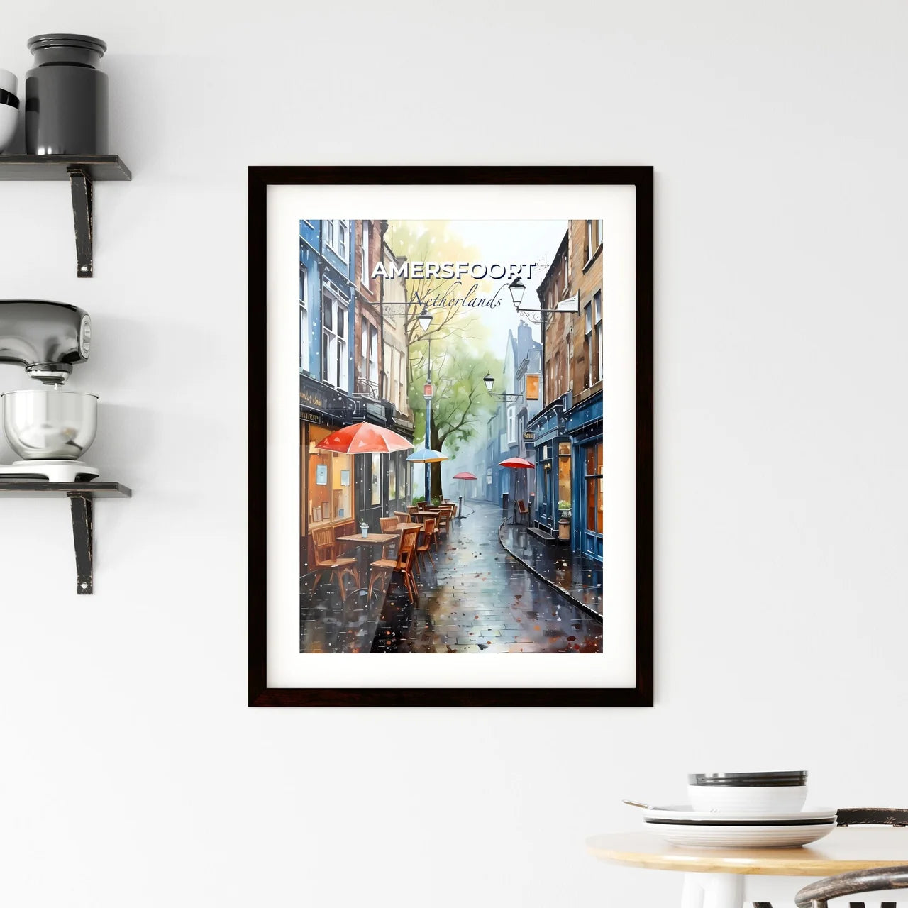 Amersfoort, Netherlands, A Poster of a street with tables and umbrellas Default Title